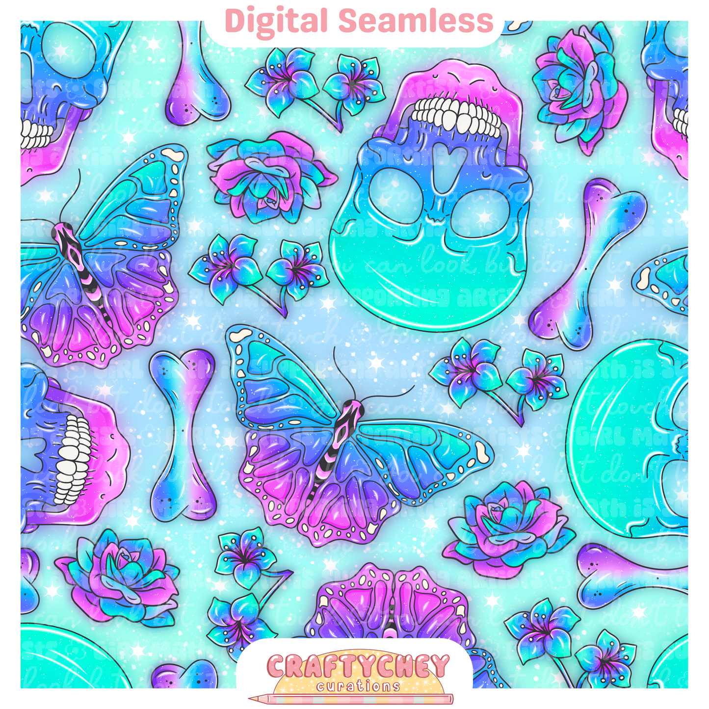 Holographic Butterfly Skulls (Seamless + PNG)