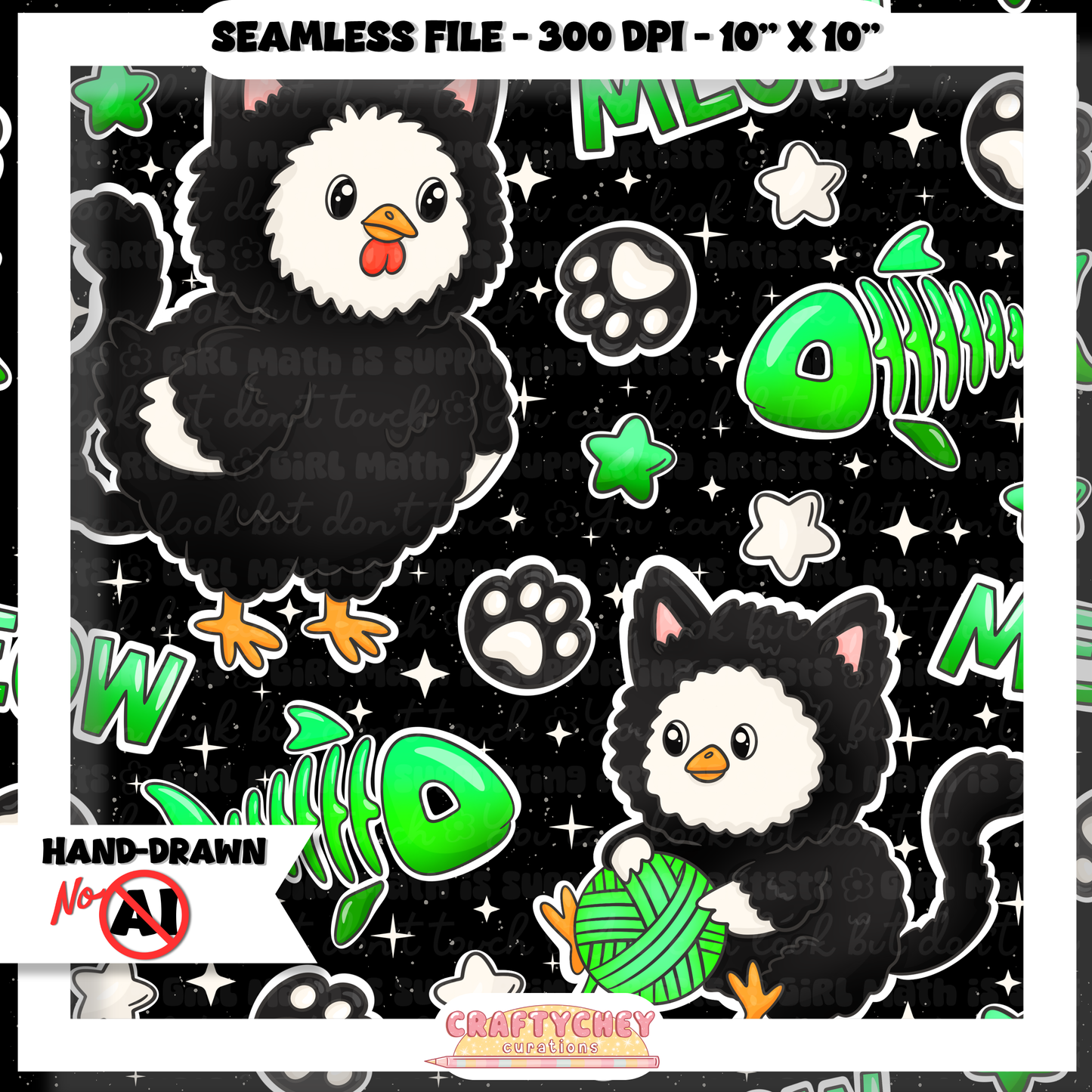 Kitty Chickens: Green (Seamless + PNG)