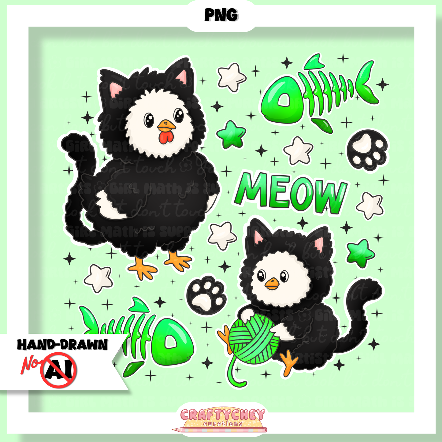 Kitty Chickens: Green (Seamless + PNG)