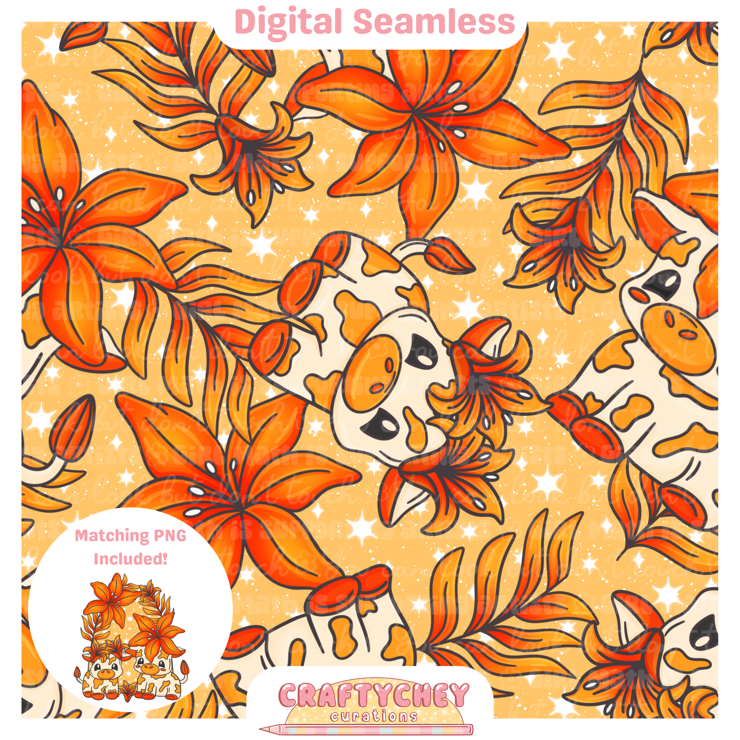 Orange Lily Cows (Seamless + PNG)