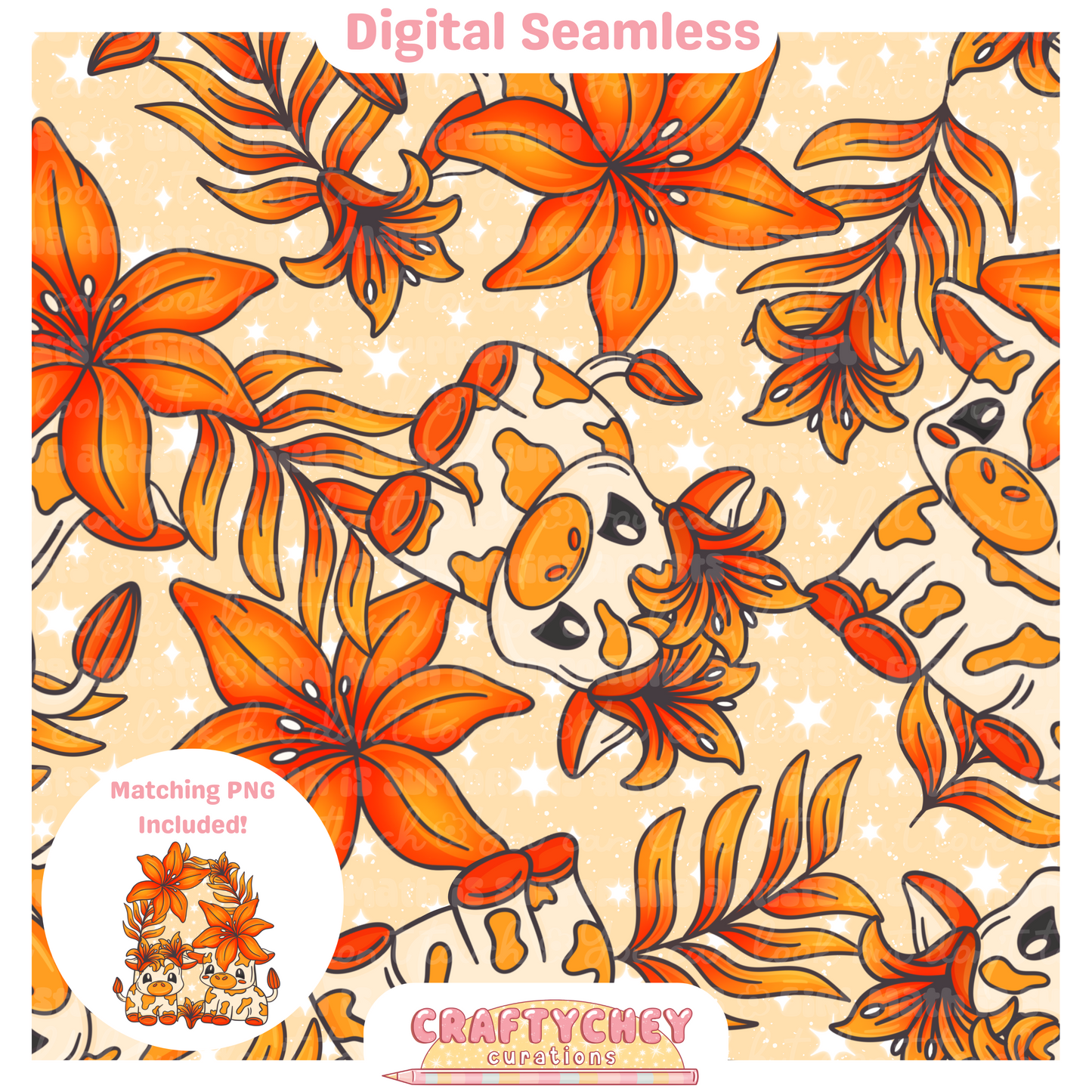 Orange Lily Cows (Seamless + PNG)