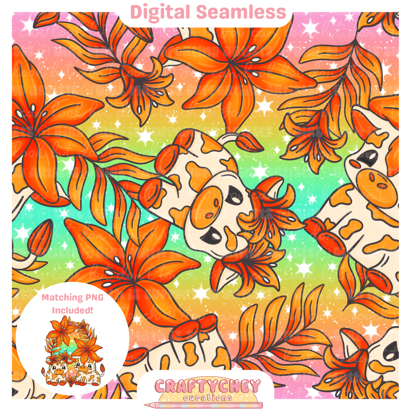 Orange Lily Cows (Seamless + PNG)