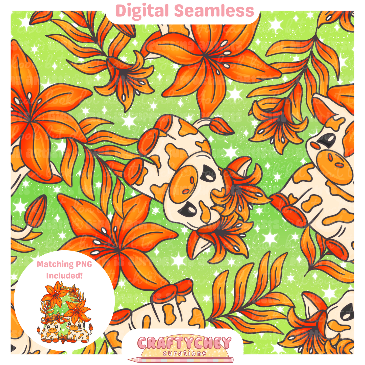 Orange Lily Cows (Seamless + PNG)