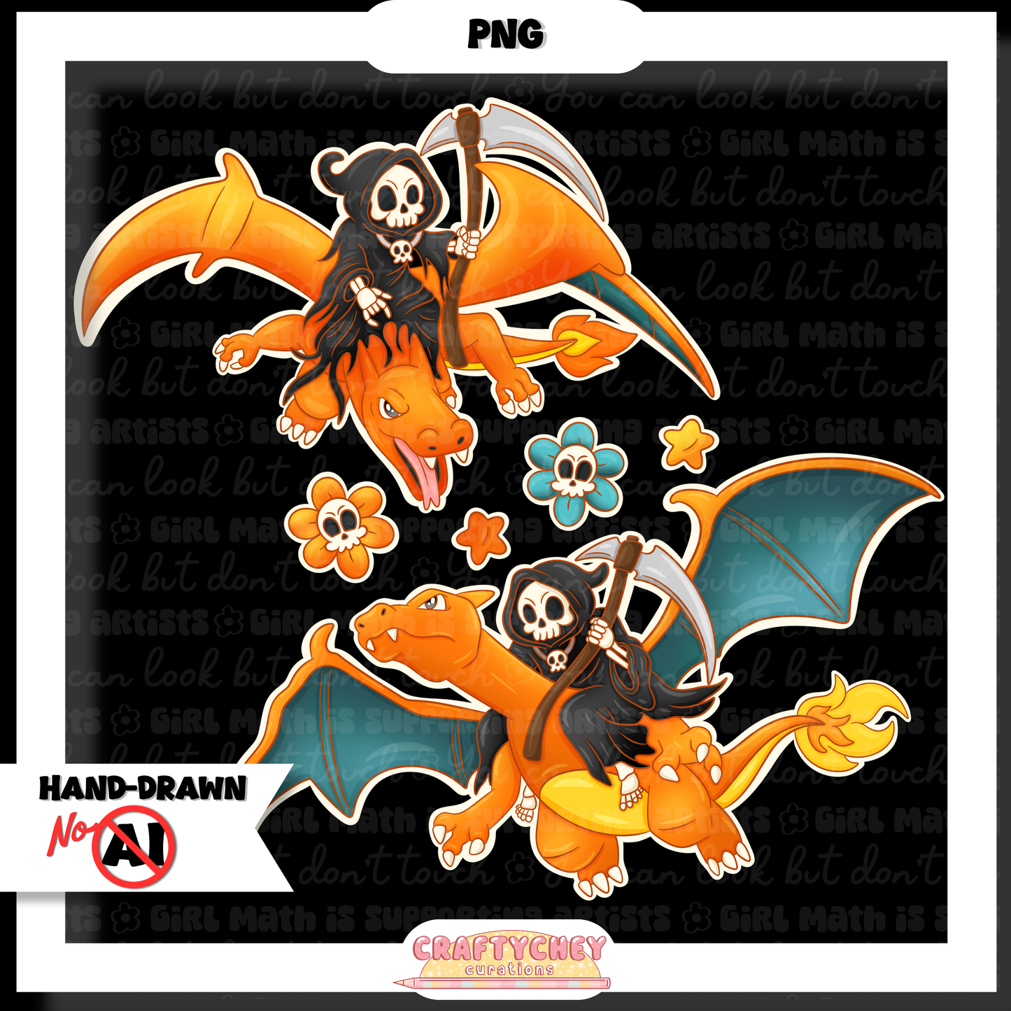 Grim Orange Dragon: FLORAL (Seamless + PNG)