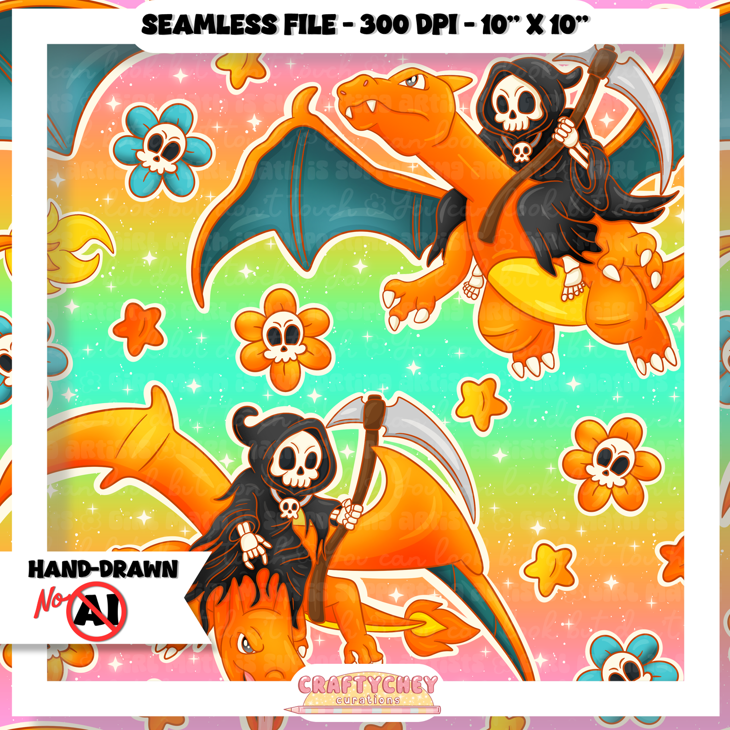 Grim Orange Dragon: FLORAL (Seamless + PNG)