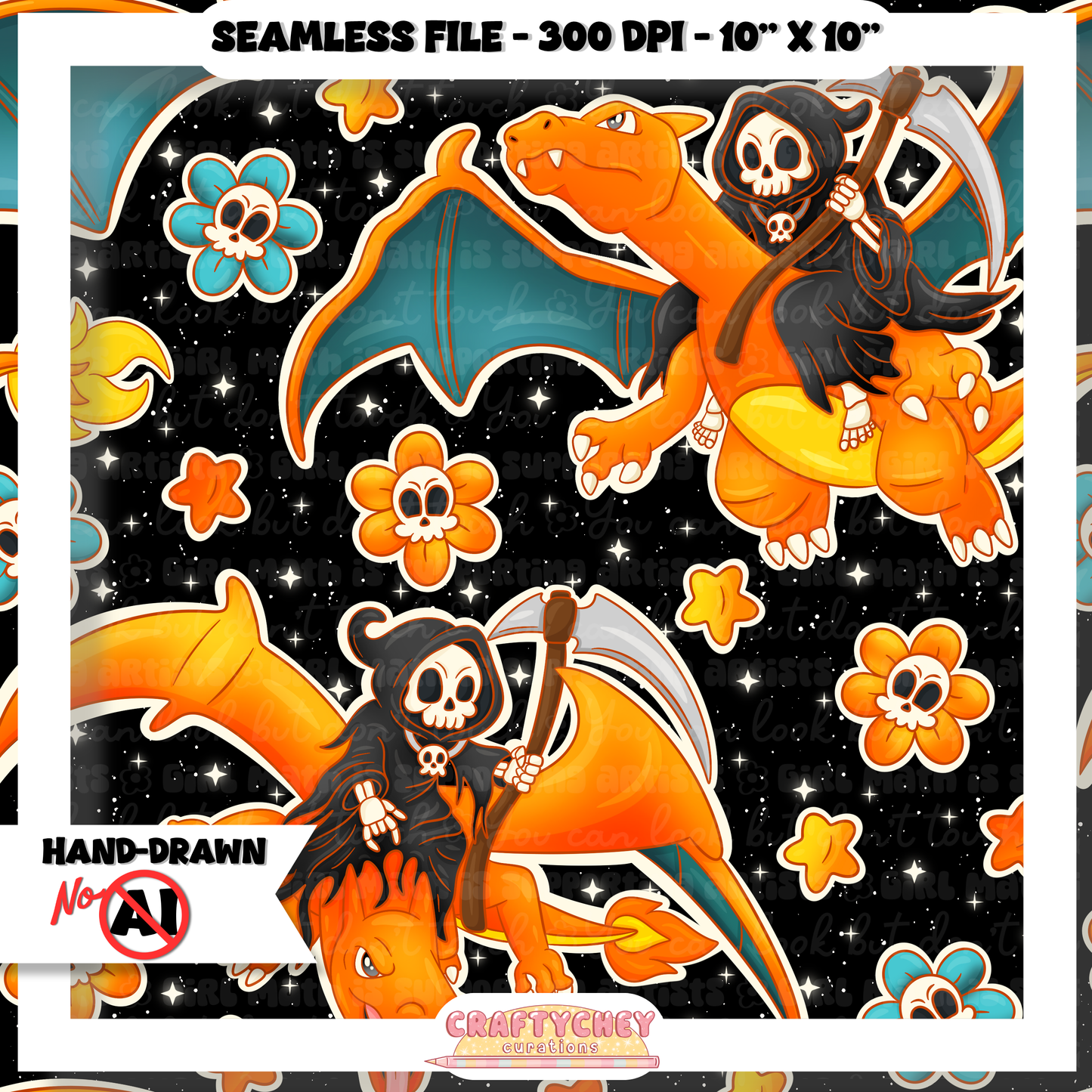 Grim Orange Dragon: FLORAL (Seamless + PNG)