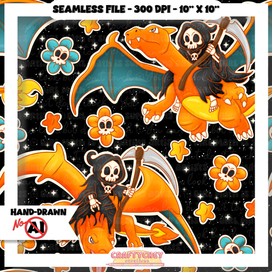 Grim Orange Dragon: FLORAL (Seamless + PNG)