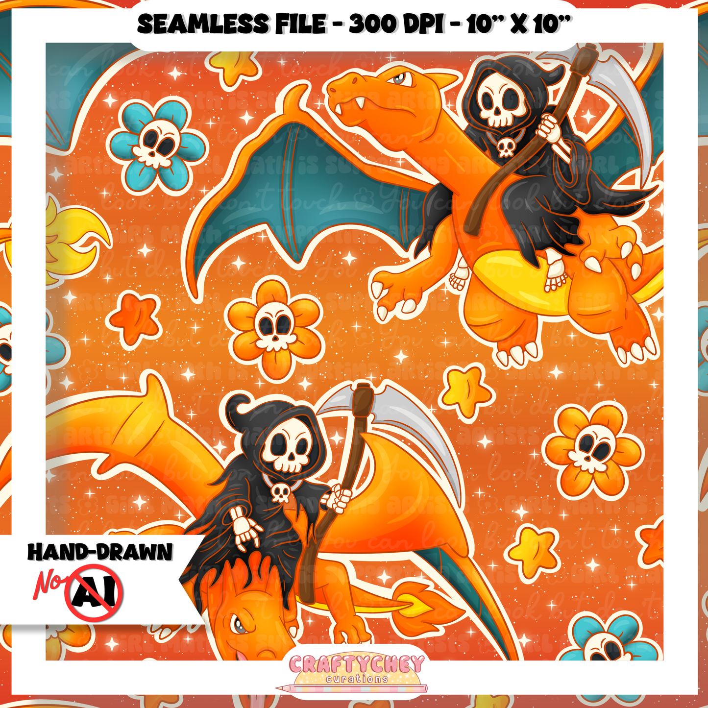 Grim Orange Dragon: FLORAL (Seamless + PNG)