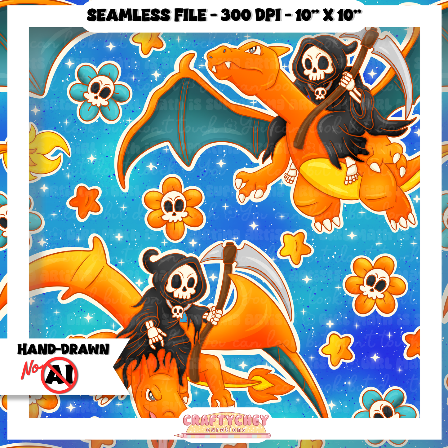 Grim Orange Dragon: FLORAL (Seamless + PNG)