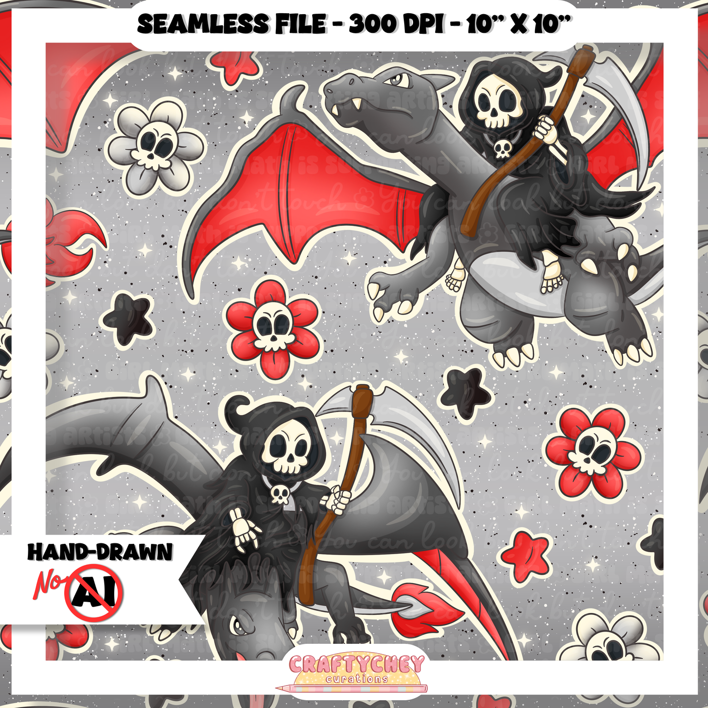 Grim Gray Dragon: FLORAL (Seamless + PNG)