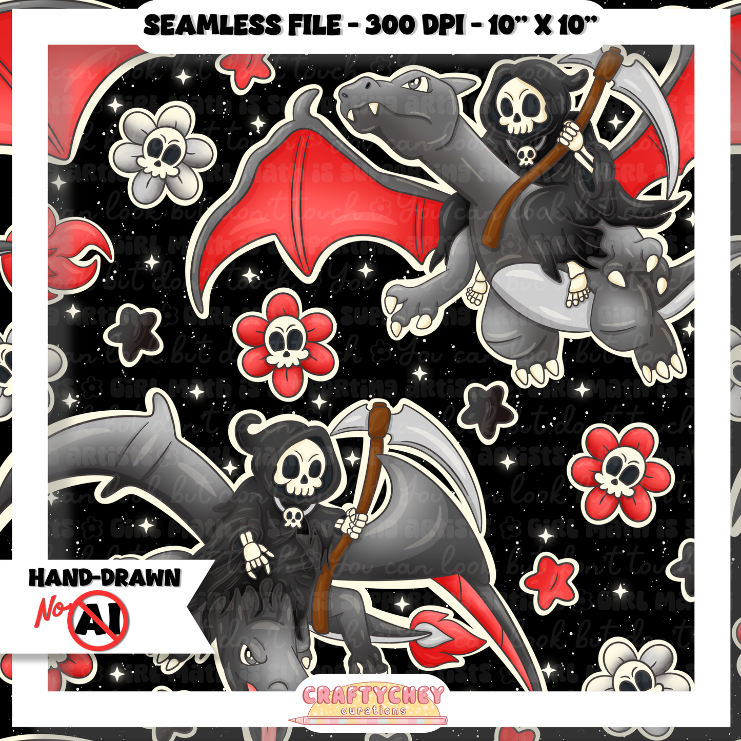 Grim Gray Dragon: FLORAL (Seamless + PNG)