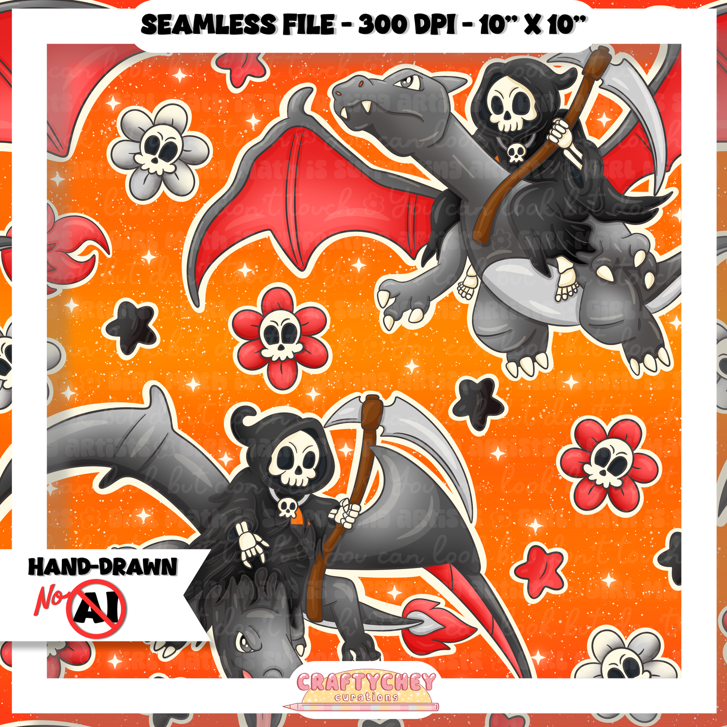 Grim Gray Dragon: FLORAL (Seamless + PNG)
