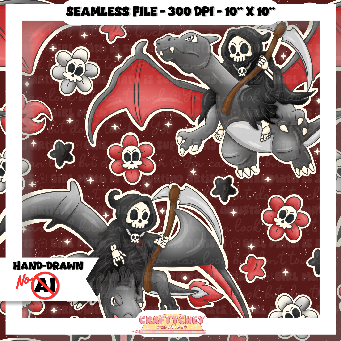 Grim Gray Dragon: FLORAL (Seamless + PNG)