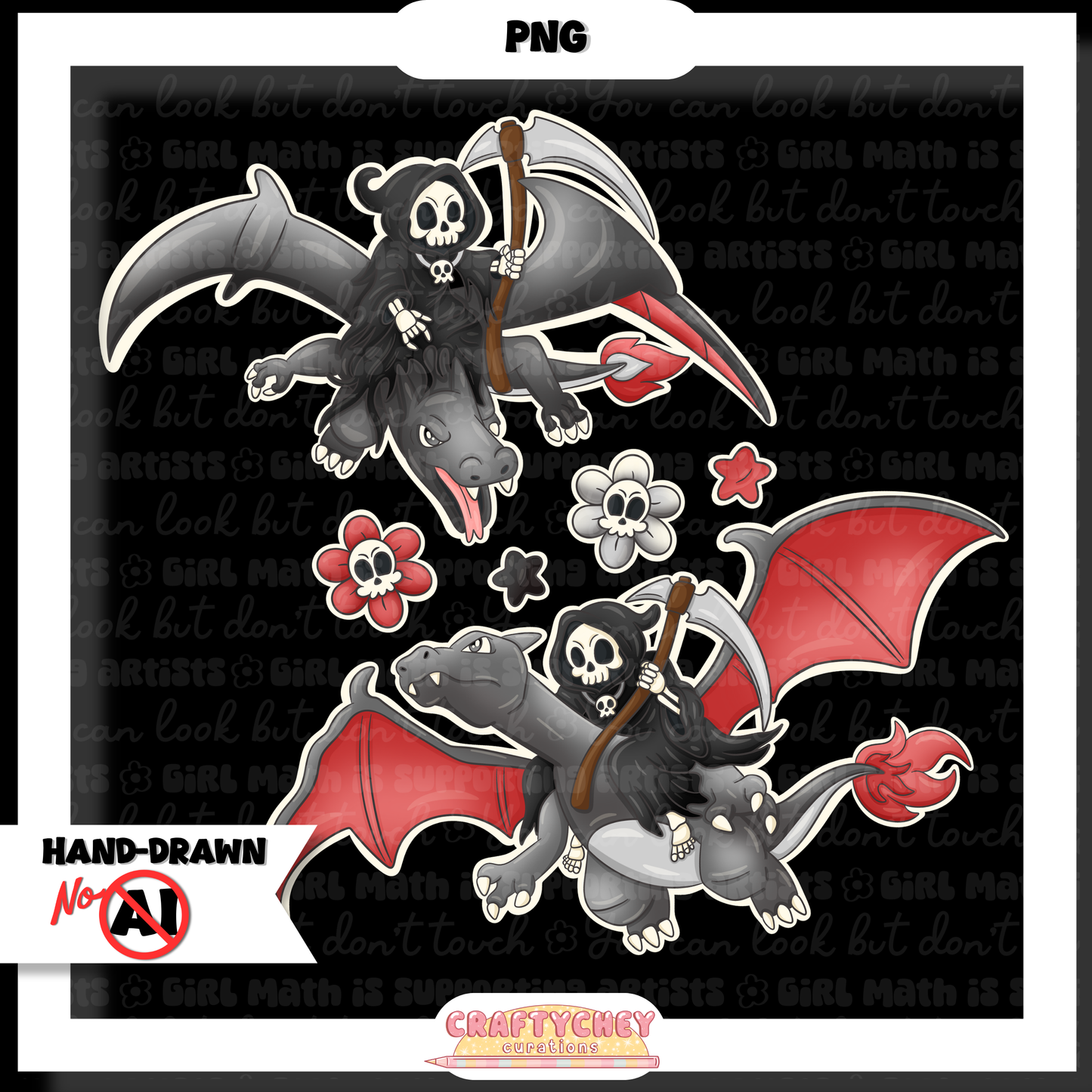 Grim Gray Dragon: FLORAL (Seamless + PNG)