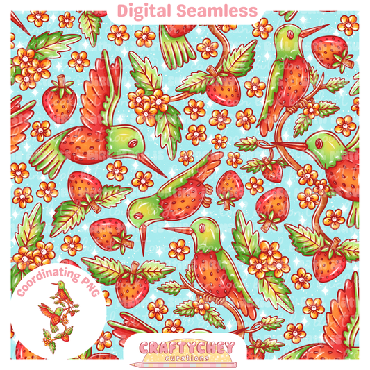 Strawberry Hummingbird (Seamless + PNG)
