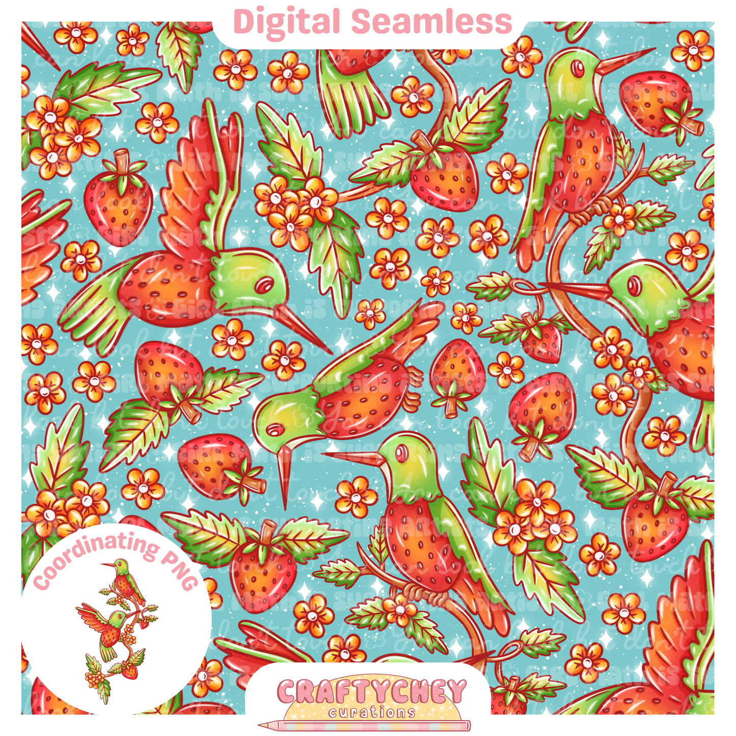 Strawberry Hummingbird (Seamless + PNG)
